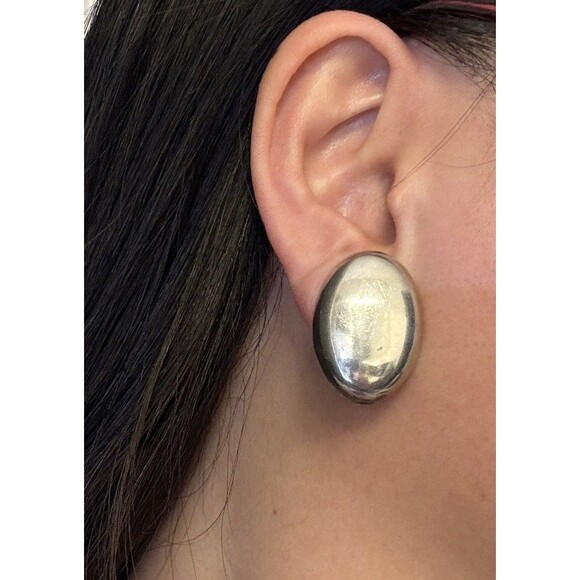Vintage Mexico 925 Sterling Silver Oval Clip-On Earrings Minimalist Modernist - Picture 1 of 7
